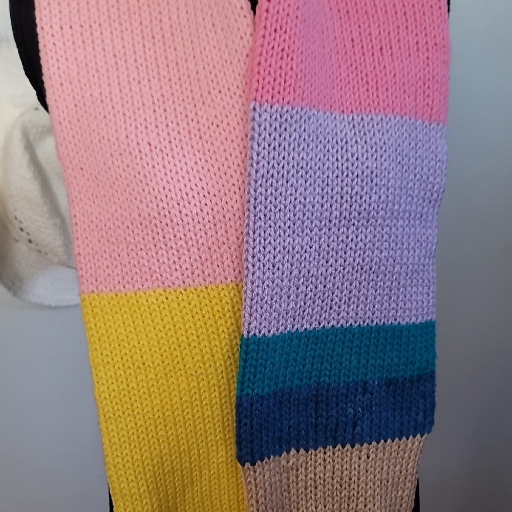 Multicolor Knit Scrap Yarn Scarf with Pom Poms - Picture 3 of 5